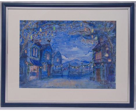 A framed and glazed watercolour sketch for Act 1 and 3 for Sir Peter Wrights production of Coppelia dated 1978, details to ve