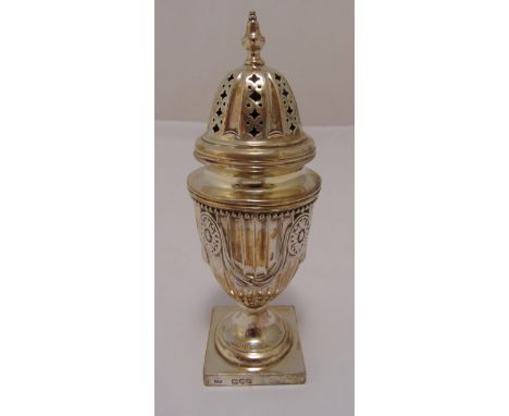 A Victorian hallmarked silver sugar castor, baluster form chased with leaves and scrolls on raised circular base with pierced