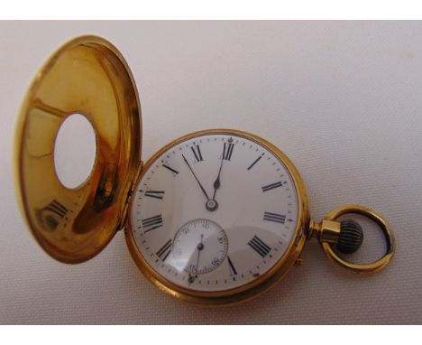 14ct gold half hunter ladies pocket watch, white enamel dial with Roman numerals and subsidiary seconds dial, approx total we