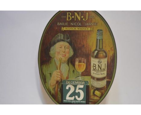 Scotch Whisky interest: an early 20th century tinplate Whisky Calendar for Bailie Nicol Jarvie Gold Label, the oval tinplate 