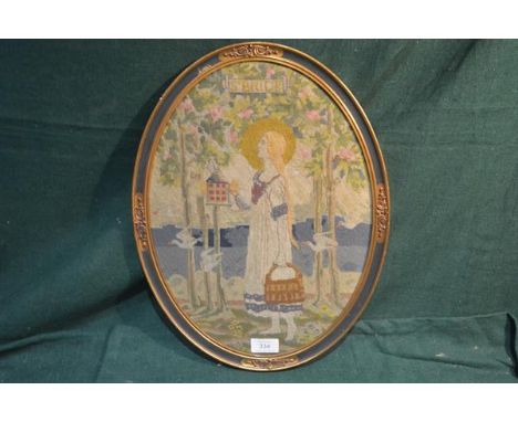 An Arts & Crafts needlework panel, "St. Bride" worked with the figure of the young saint carrying a lantern and walking throu