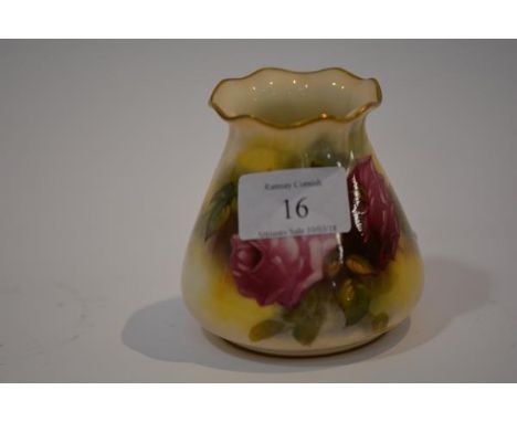 A Royal Worcester porcelain vase, painted with roses beneath a frilly rim, signed M Hunt, printed marks, date mark for 1929. 