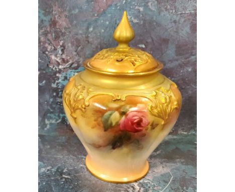 A Royal Worcester James Hadley lobed ovoid pot pourri vase and cover,&nbsp; painted with pink and yellow cabbage roses, in re