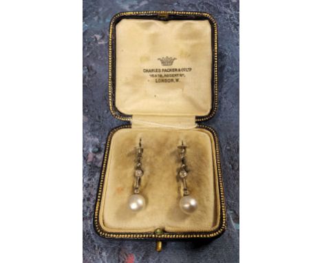 A pair of Art Deco diamond &amp; pearl drop earrings,&nbsp;a brilliant cut diamond, rub set in a plain collet, another smalle