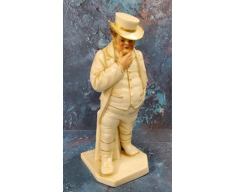 A Royal Worcester figure, modelled by James Hadley, John Bull, in white picked out in gilt, 17.5cm high, printed crown and ci