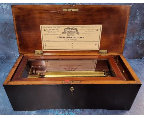 A 19th century Swiss mahogany musical box, scumbled finish, 21cm cylinder&nbsp; one-piece comb, hinged cover, bone escutcheon