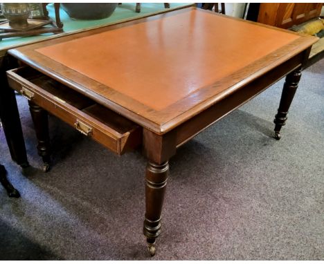 A Victorian mahogany partners desk, tobacco coloured leather inset, single drawer to each end, turned legs terminating on cas