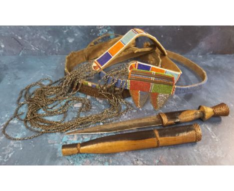 Tribal Art - a Zulu knife/dagger, wirework terminal and bands,&nbsp;&nbsp;32cm long, c.1870-90;&nbsp; beadwork waistbands;&nb