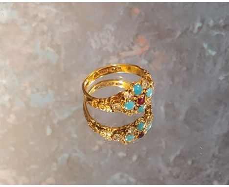 A Victorian 18ct gold diamond, turquoise, &amp; ruby floral cluster ring, the shoulders decorated in relief with flowers &amp