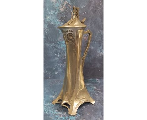 A W.M.F. Art Nouveau Jugendstilpewter jug, of spreading cylindrical form, the hinged domed cover with pierced finial and thum