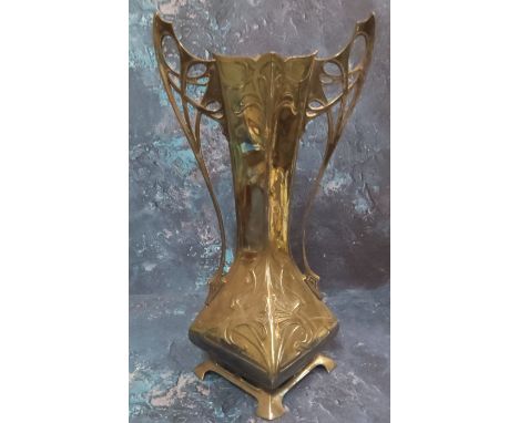 A W.M.F. Art Nouveau pewter two handled vase, embossed with sinuous lines, pierced lofty handles, bracket feet, 35.5cm high, 