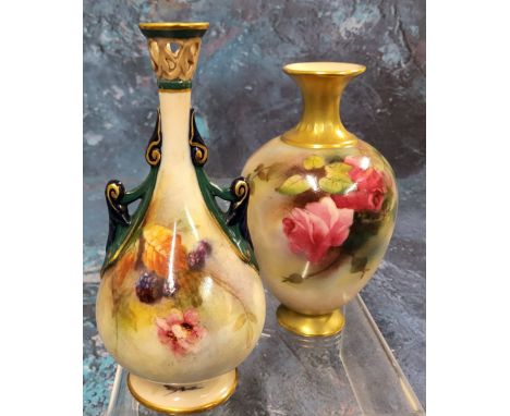 A Royal Worcester Hadley bottle vase, painted with red and pink roses, gilt flared neck, 10cm high, printed mark in green, da