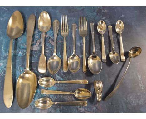 A silver christening fork and spoon, Birmingham 1951;  others;  a set of six coffee spoons, marked 800;  a silver coloured me