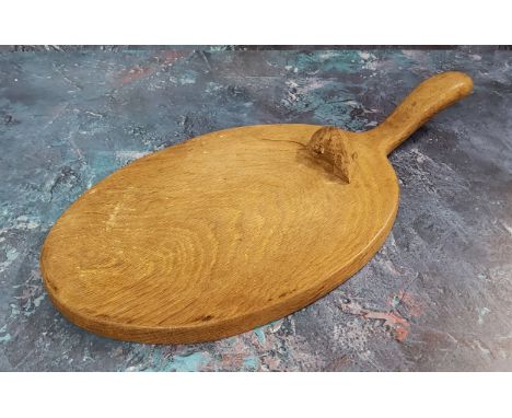 Robert Thompson Mouseman of Kilburn - a cheese board, with handle, 37cm wide 