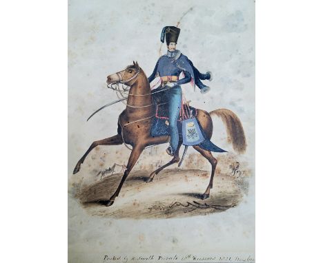 H. Smith, early 19th century school, Full length portrait mounted on horseback on the battle field 'Painted by H. Smith Priva