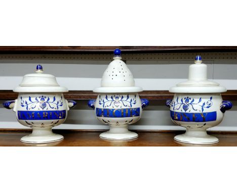 Three Royal Pharmaceutical Society ceramic pharmacists apothecary jar and covers, including a Honey, Tamarind and Leeches exa