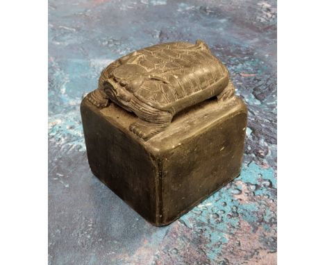 A Chinese&nbsp; soapstone Bixi seal, the turtle on a square base, 6.5cm high 