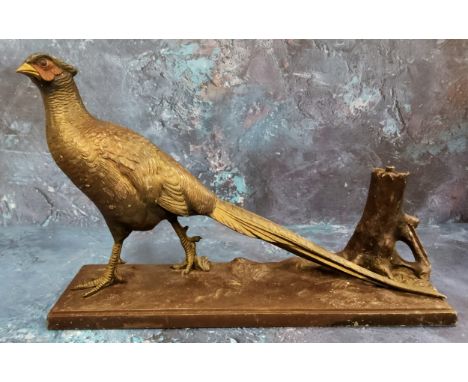 An Austrian 20th century cold painted spelter novelty table lighter, as a pheasant, rectangular hardwood base, 31.5cm wide 