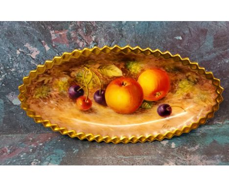 A Royal Worcester oval pin dish, painted by Freeman, with ripe fruit on a mossy bank, 18cm wide, printed crown and circle mar