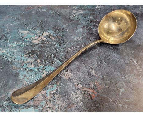A George V silver Hanoverian and Rat Tail pattern soup ladle, 30cm long, Aiken Brothers, Sheffield 1929, 8ozt 