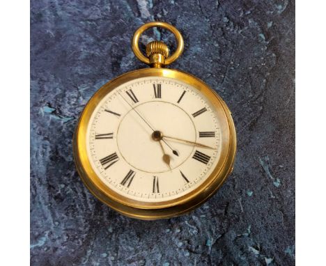 A Victorian 18ct gold open faced pocket watch, keyless fusee movement marked 72458, white enamel dial, Roman numerals, gold c