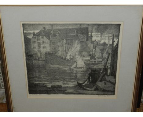 Leslie M. Ward, 19th/20th century British, Evening Poole Quay black and white engraving, signed and dated 1916, H: 30 W: 30cm
