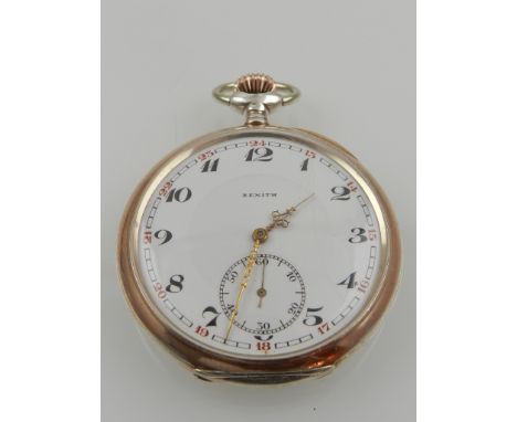 A Zenith open faced pocket watch, the enamel dial marked Arabic numerals with subsidiary seconds dial, the white metal case w