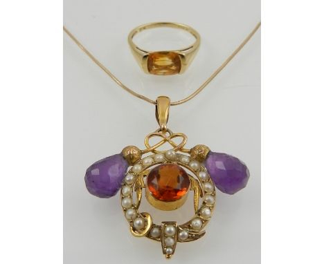 A 9 carat yellow gold, amethyst, madeira citrine, and seed pearl pendant, suspended on a 9 carat yellow gold chain, together 