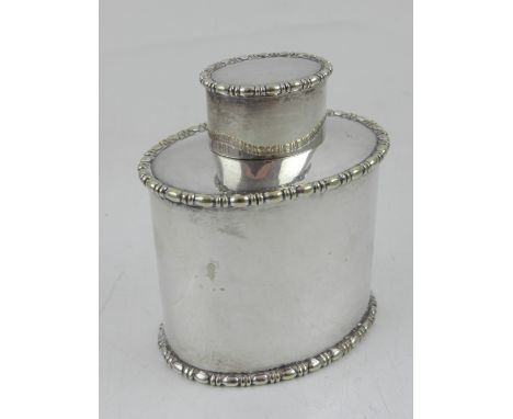 A Victorian silver plated tea caddy, Atkin Bros, with beaded rim and lid