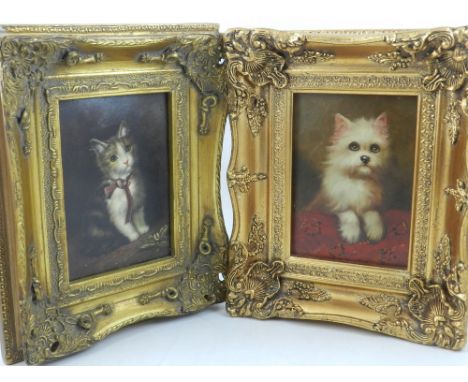 In the manner of Henriette Ronner-Knip, portrait of a cat, oil on panel, together with one of a dog. H. 17cm W. 11cm (largest