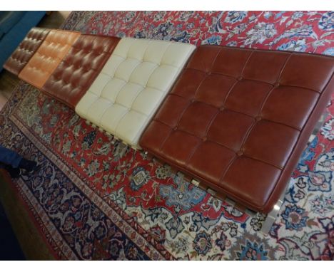 In the manner of Mies van der Rohe, four Barcelona stools, four with dark tan leather seats and one light tan leather, (5).