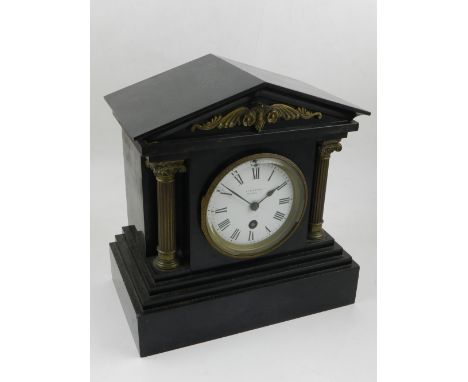 A Victorian slate mantel clock, by Elkington, the circular white enamel dial flanked by two brass columns, mechanism stamped 