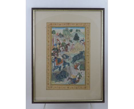 A late 19th century / early 20th century Indian miniature, watercolour on paper, depicting hunting scenes, H. 31cm, W. 20cm, 