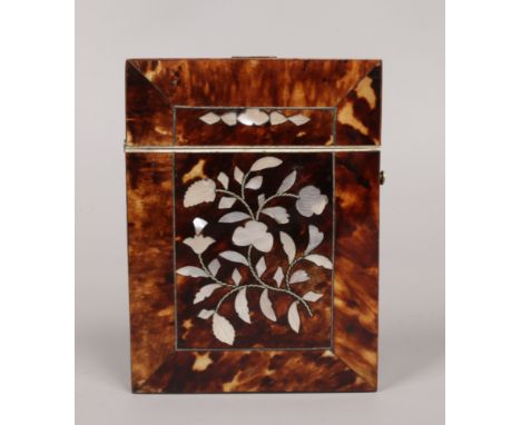 A Victorian tortoise shell card case inlaid with mother of pearl depicting flower sprigs, 10.5cm.Condition report intended as