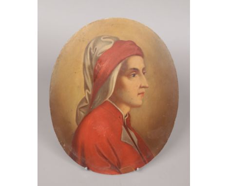A late 19th / early 20th century unframed oval oil on board. Portrait of a young girl wearing a red overcoat with headband an