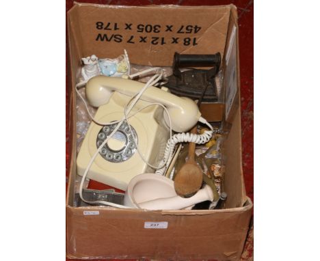 A box of collectables to include GPO push button dial telephone, cigarette cases, button hooks etc.