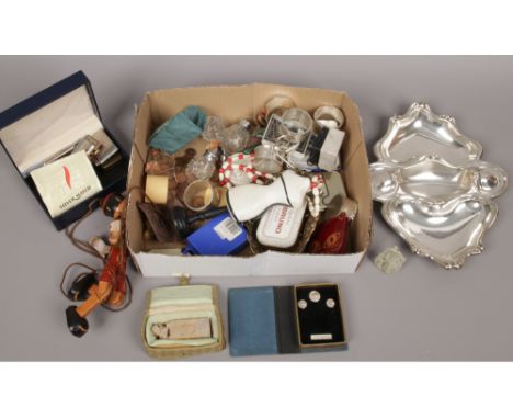 A boxed mixed collectables to include napkin rings, coins, lighters, Hohner harmonica etc.