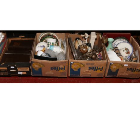 Four boxes of miscellaneous to include Harper scales, glass light fittings, Sadler, Wisden cricket monthly etc.