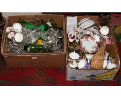 Two boxes of miscellaneous to include Richmond bone china dinnerwares, silver plate teapot, glassware, Copeland Spode teaware