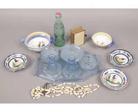 Mixed collectables including Quimper wares, Art Deco glass dressing table set, bone necklace and a 19th century prayer book e