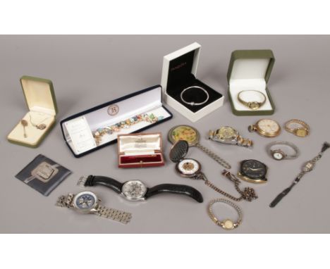 A collection of costume jewellery to include silver locket and bookmark, Ingersol pocket watch, ladies Rotary, Reflex, Tissot