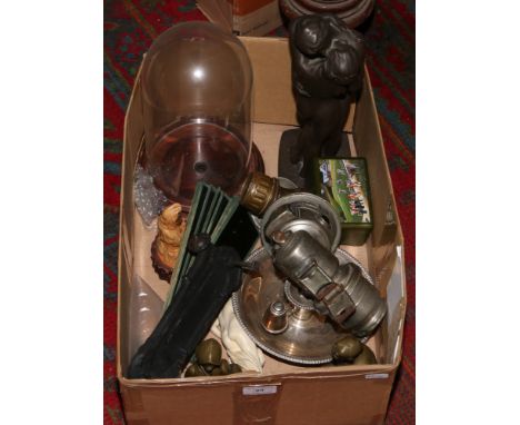 A box of miscellaneous to include magic lantern slides, vintage carbide lamp by Joseph Lucas Ltd, figurines etc.