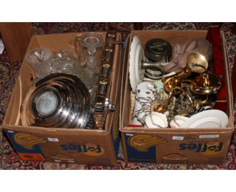 Two boxes of miscellaneous to include silver plate, glassware, Crown Devon, ceiling light etc.