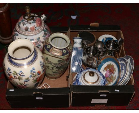 Two boxes of miscellaneous and silver plate to include Pilgrim four part tea / coffee service, Chinese floral baluster vase, 