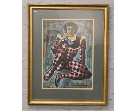 Fred Heinzel. A gilt framed mixed media pastel and oil portrait of harlequin, signed, 57cm x 41cm.
