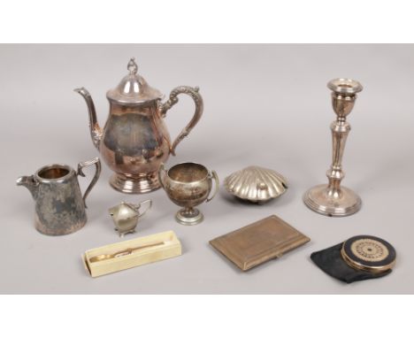 A mixed lot of silver plate including butter dish, candlestick etc.