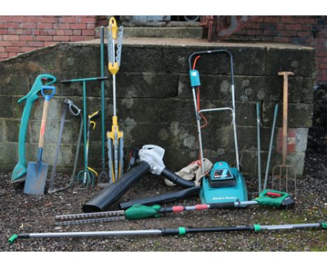 A Black &amp; Decker hover mower, along with a quantity of gardening tools, including a Ryobl leaf vac, loppers, hedge trimme