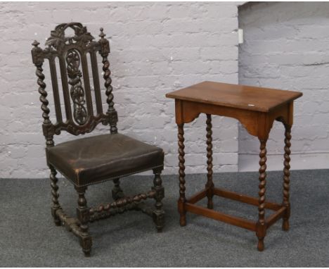 A carved ash and elm barleytwist hall chair, along with a light oak barleytwist occasional table.