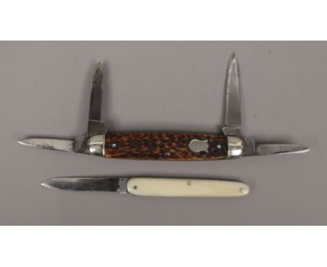 A George Wostenholm I. XL multi tool pocket knife with antler scales and a Joseph Rodgers folding pocket knife with ivory sca