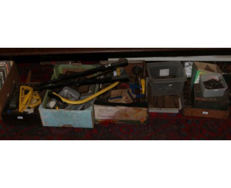 Six boxes of mixed hand tools to include spanners, taps, dies, set squares, rasps and files etc.